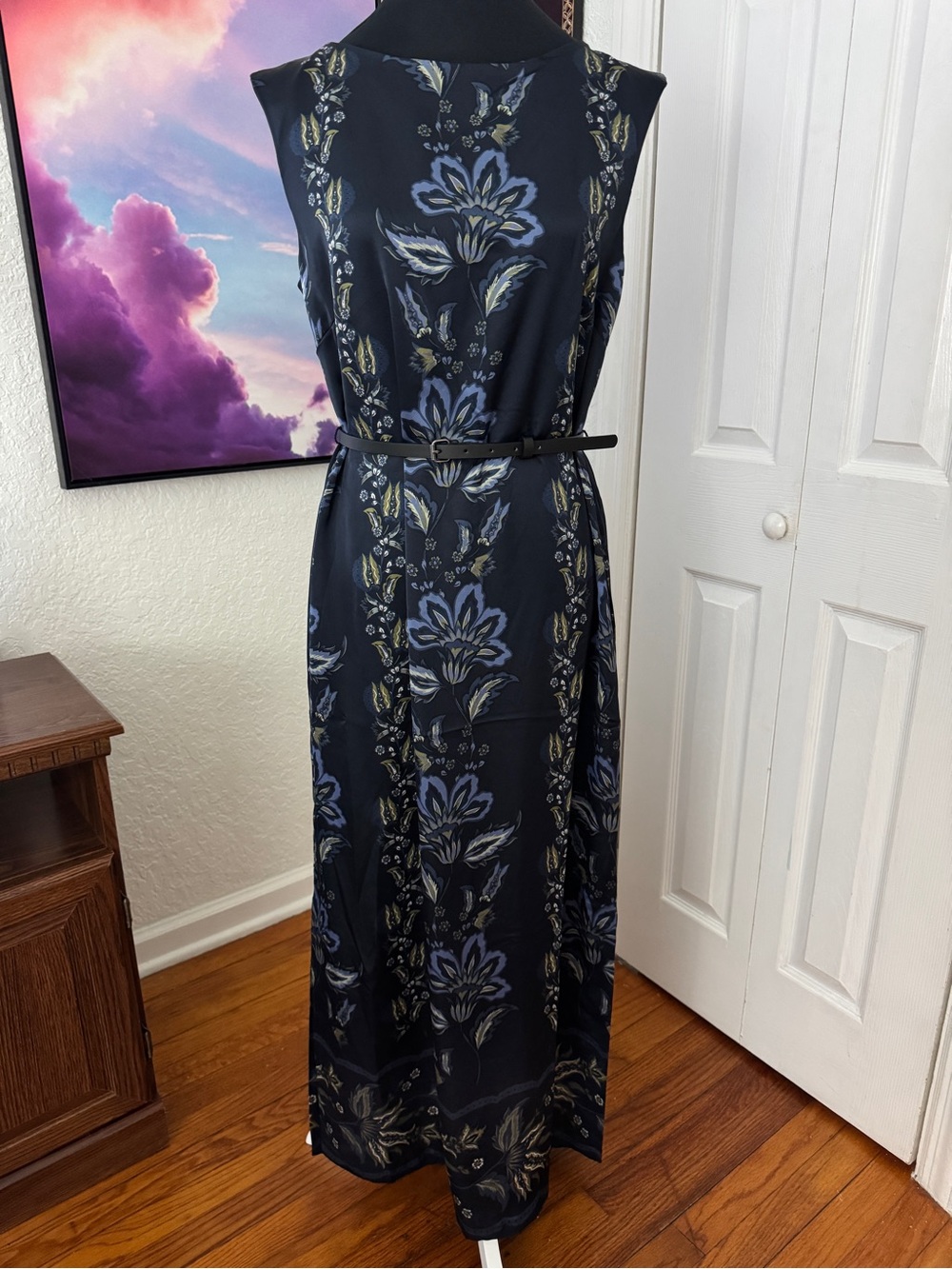 Alex Marie Floral Maxi Dress size 6 Navy Blue Belted Sleeveless NWT